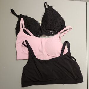 Women's Lace and Cotton Bralette Set - Black and Pink